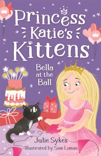 Book cover: princess with kitten, cake, and gift on purple background.