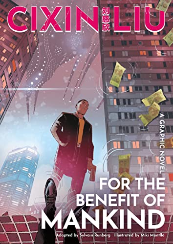 Graphic novel cover: man looking up at skyscrapers, money falling.