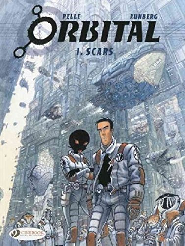 Sci-fi comic cover featuring two figures and a large spaceship in a city.