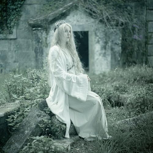 Woman in white dress sits before a stone building, wearing a crown.