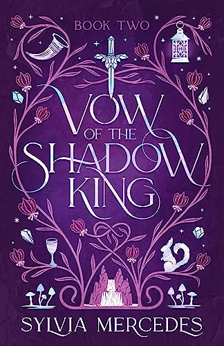 Book cover with ornate purple lettering, floral designs, and symbolic objects.