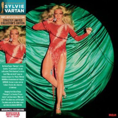 Sylvie Vartan album cover, red jumpsuit, green backdrop, microphone in hand.