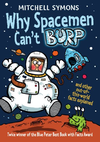Book cover: cartoon spaceman, alien, rocket, and planets on dark blue.