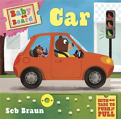 Red car with a bear driving, interactive tabs for young children.