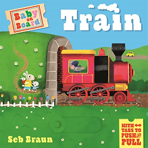 A red train emerges from a tunnel with a mouse conductor in this board book.