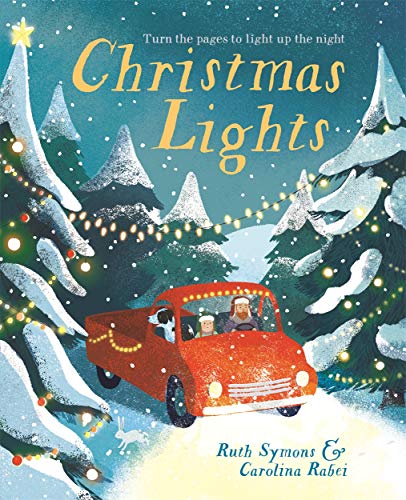 Book cover: red car driving through snowy forest with Christmas lights.
