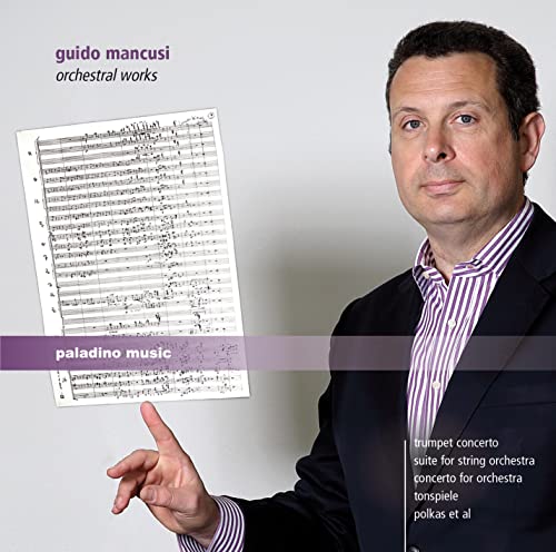 CD cover for Guido Mancusi’s orchestral works featuring composer’s portrait.