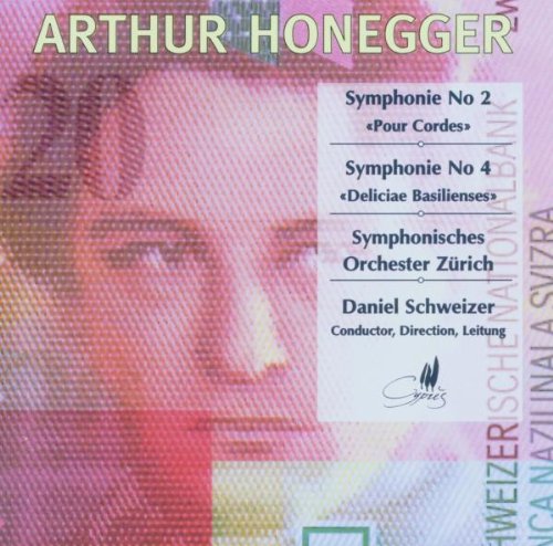 CD cover with pink background, portrait, and text about Arthur Honegger's symphonies.