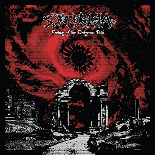 Dark album cover with ruins, a red swirling eye, and band name “Synteleia”.