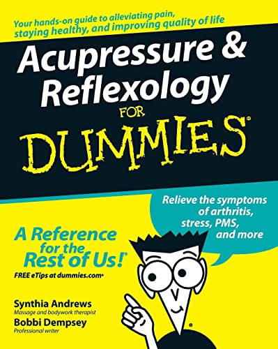 Book cover for "Acupressure & Reflexology for Dummies" with illustrated character.