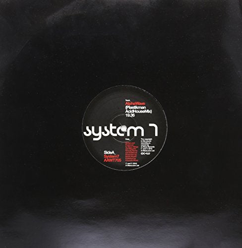 Black vinyl record with white “System 7” label and red text details.