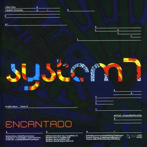 CD cover for System 7’s “Encantado” album, abstract fiery text design.