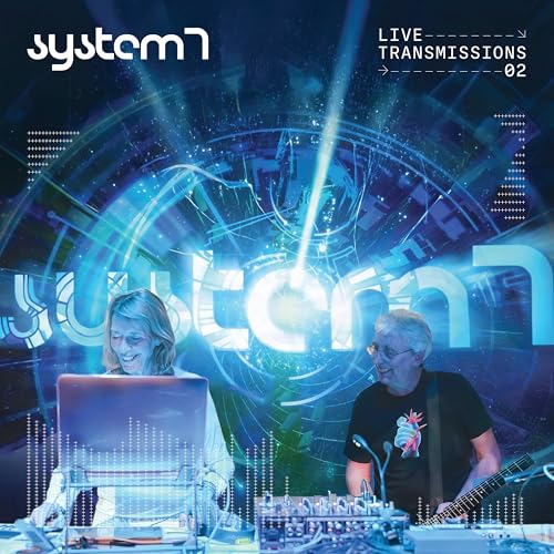 CD cover for System 7’s “Live Transmissions 02” featuring musicians and abstract graphics.