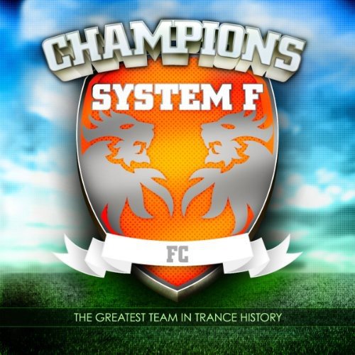 "CD cover with a shield logo, flames, and soccer field background."