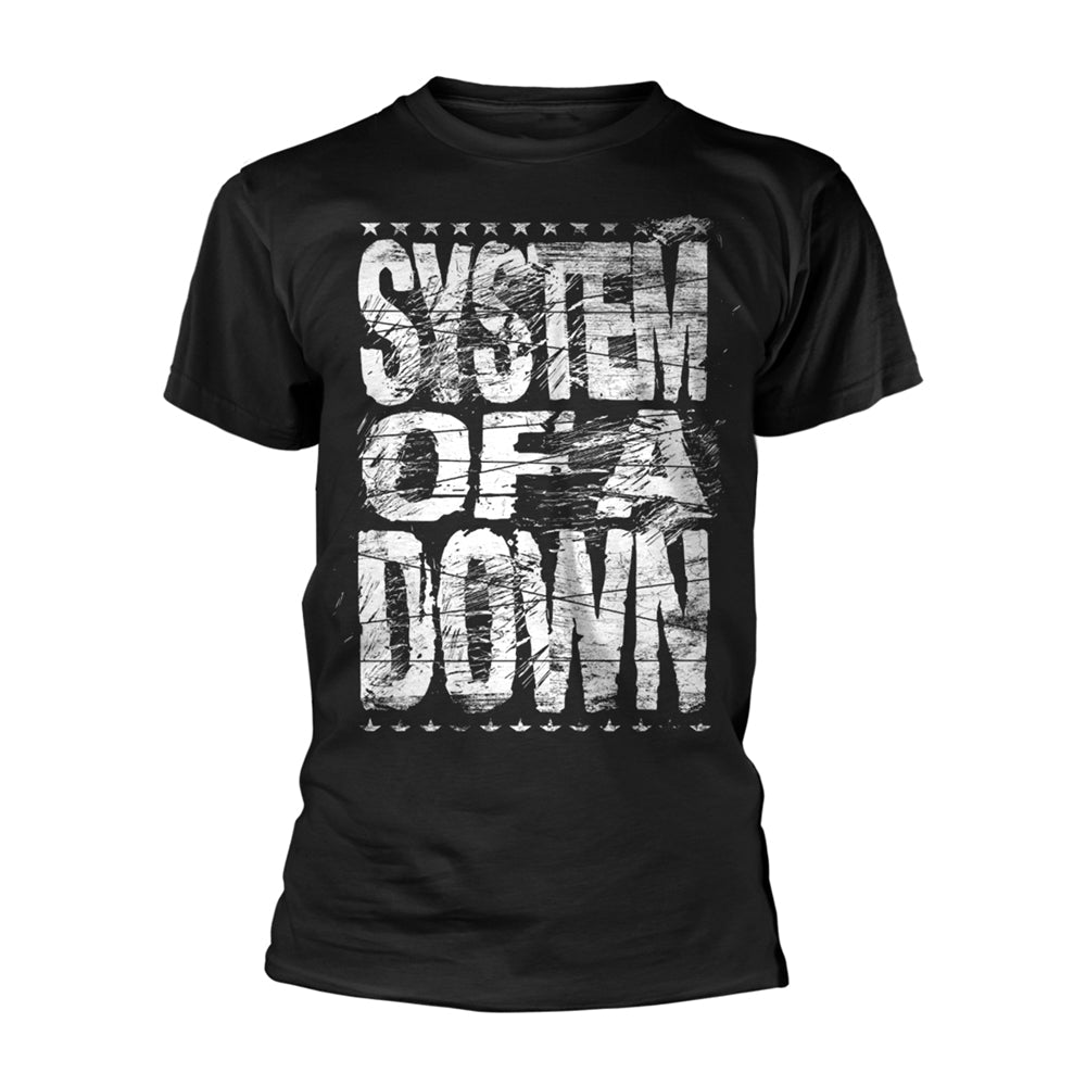 Black t-shirt with distressed white "SYSTEM OF A DOWN" logo print.