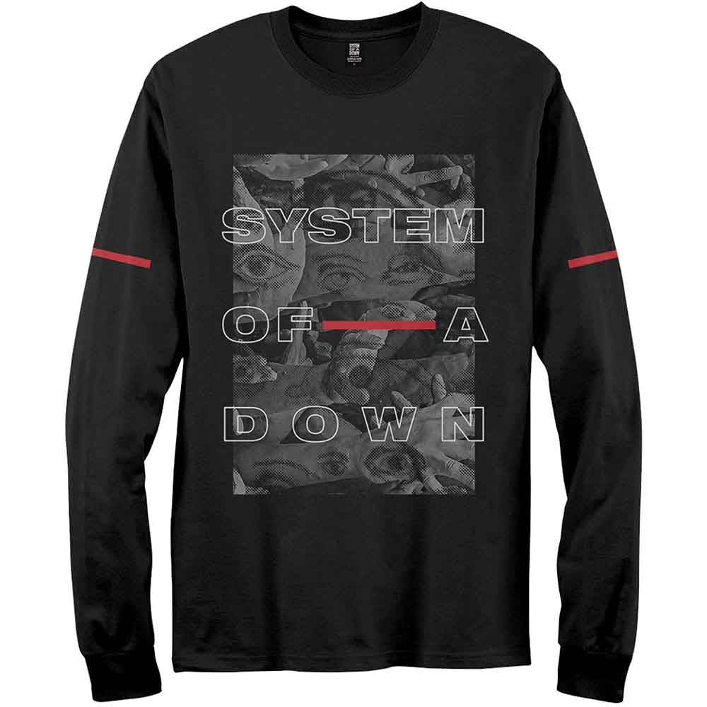 Black long-sleeve t-shirt with a white and grey "System of a Down" graphic.