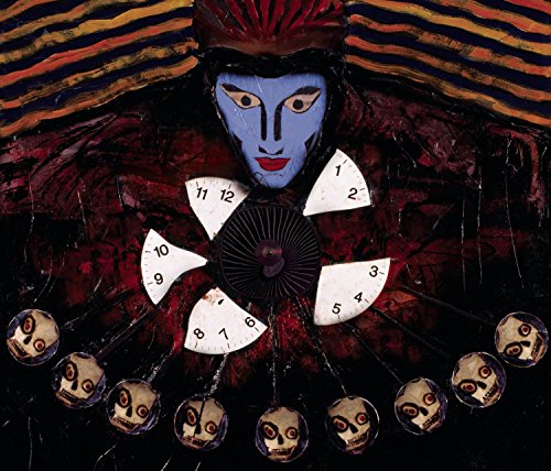 Blue-faced figure with a clock and skulls, album cover art.