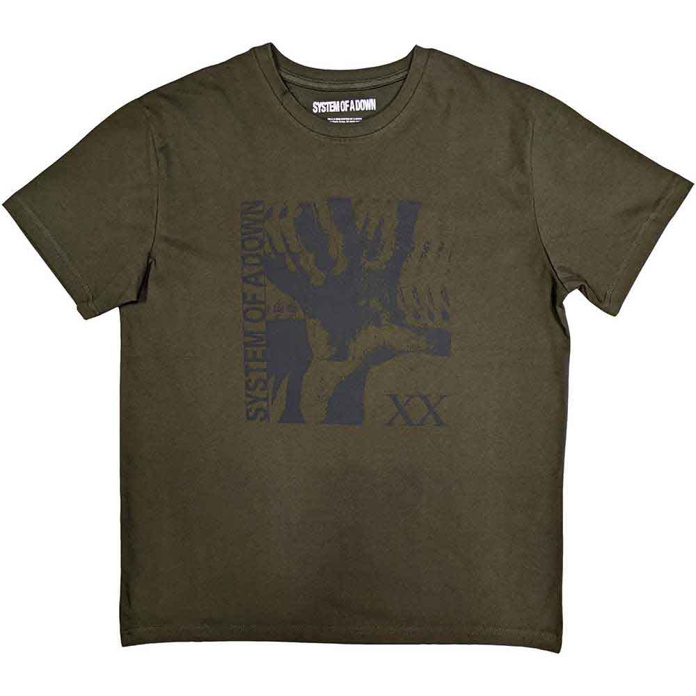 Olive green t-shirt featuring a graphic print and System Of A Down text.