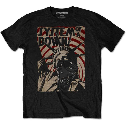 Black t-shirt featuring System of a Down logo and Statue of Liberty with bandana.