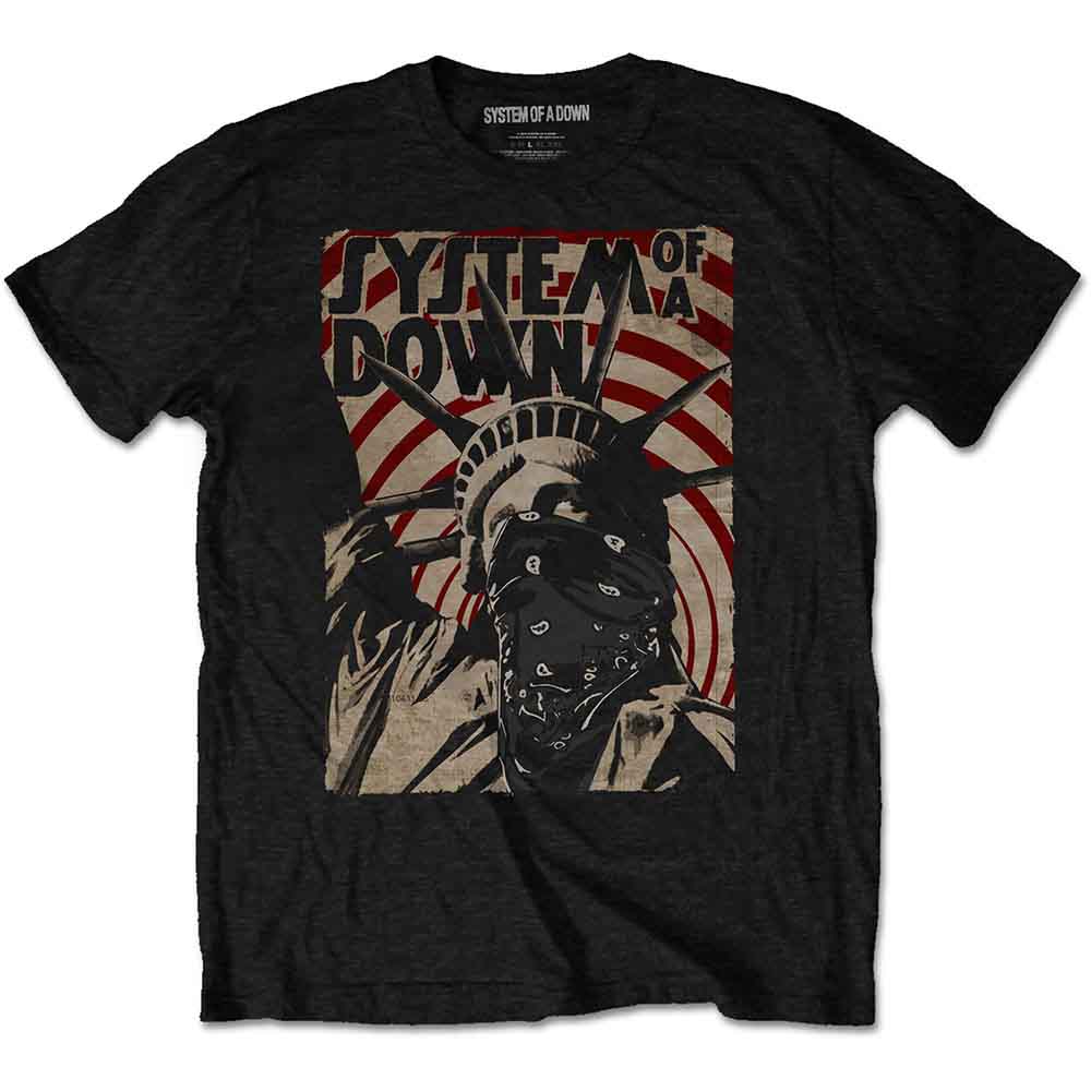 Black t-shirt featuring System of a Down logo and Statue of Liberty with bandana.