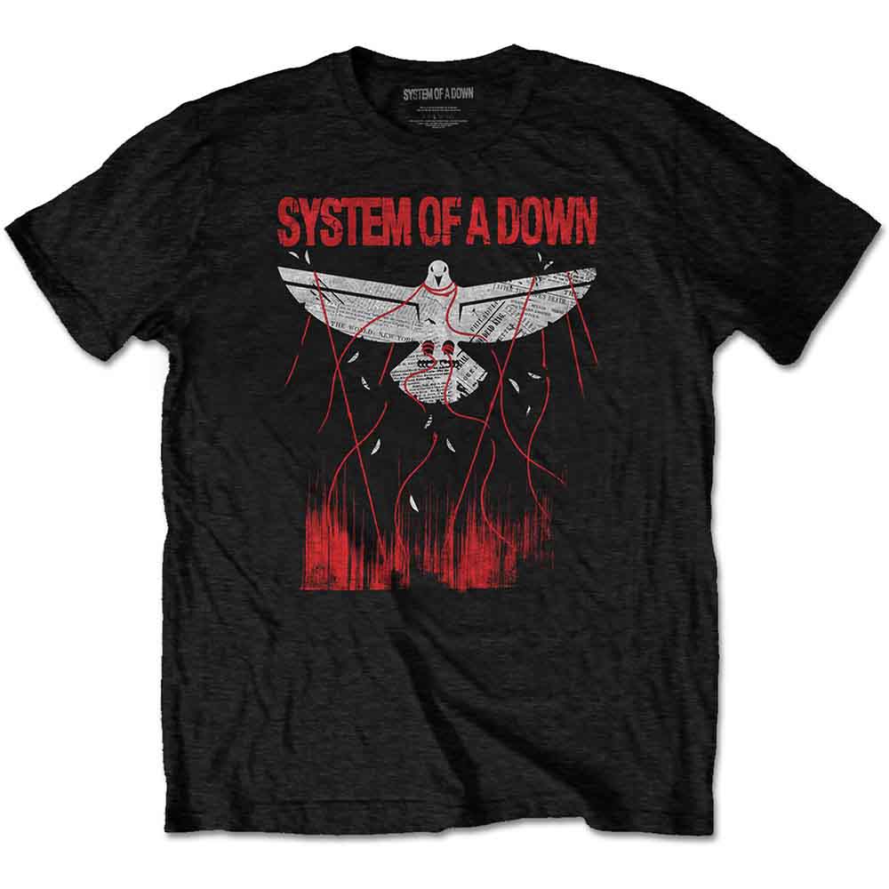 Black t-shirt featuring a System of a Down logo and a dove with strings.