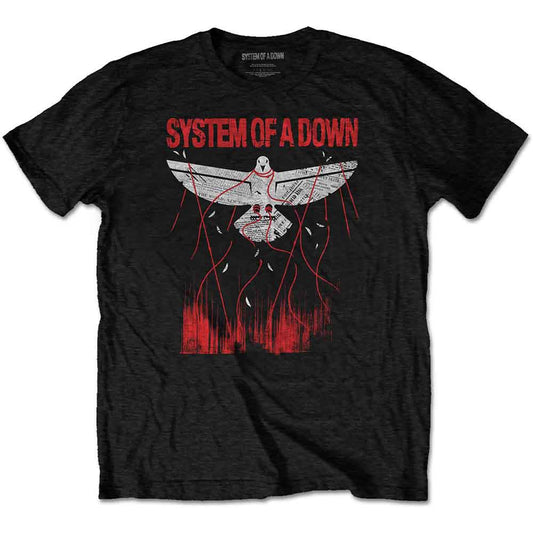 Black t-shirt featuring a System of a Down logo and a dove with strings.