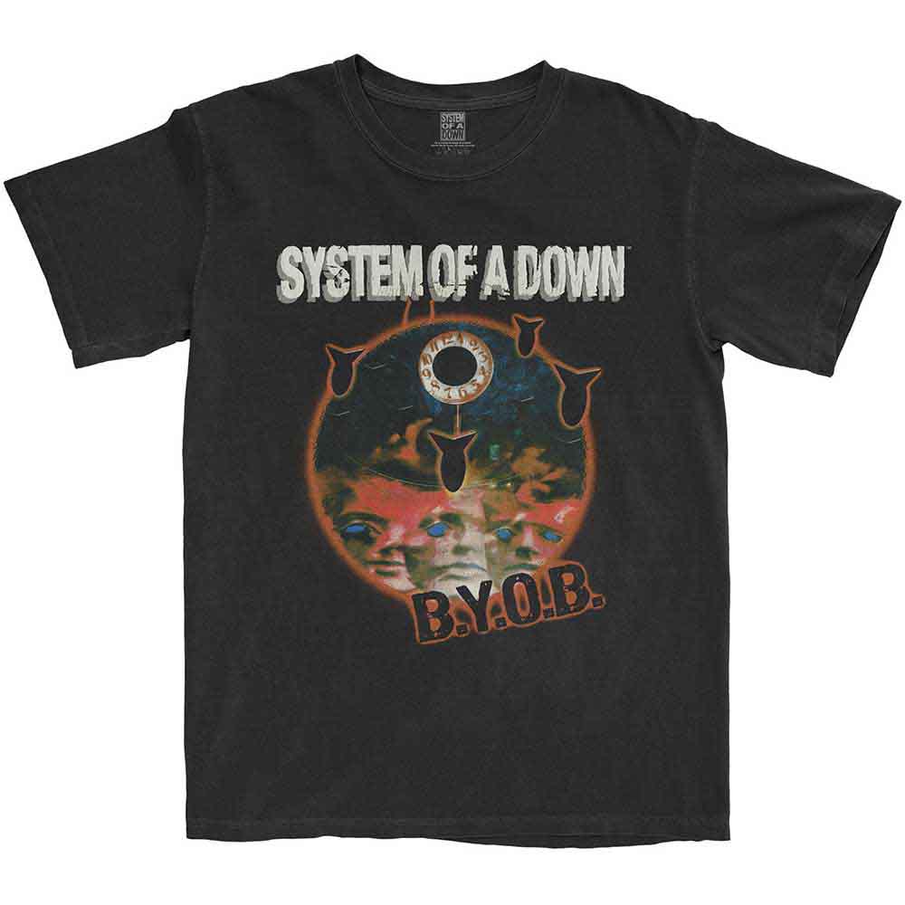 Black t-shirt with "System Of A Down" and "BYOB" graphic, size medium.