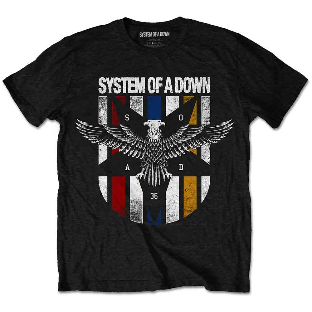 Black unisex t-shirt featuring a System of a Down eagle graphic in vibrant colours.