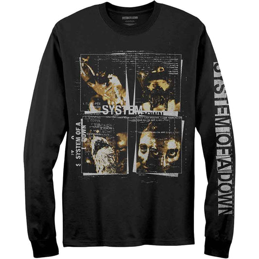 Long-sleeved black t-shirt with System Of A Down "Face Boxes" artwork on sleeves.