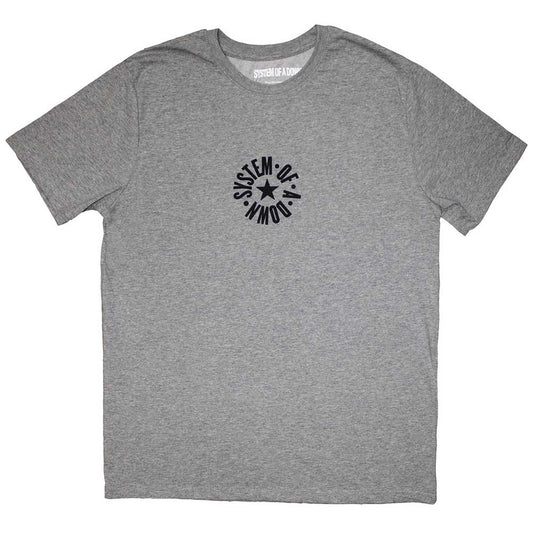 Black unisex t-shirt featuring a small white System Of A Down circle logo.