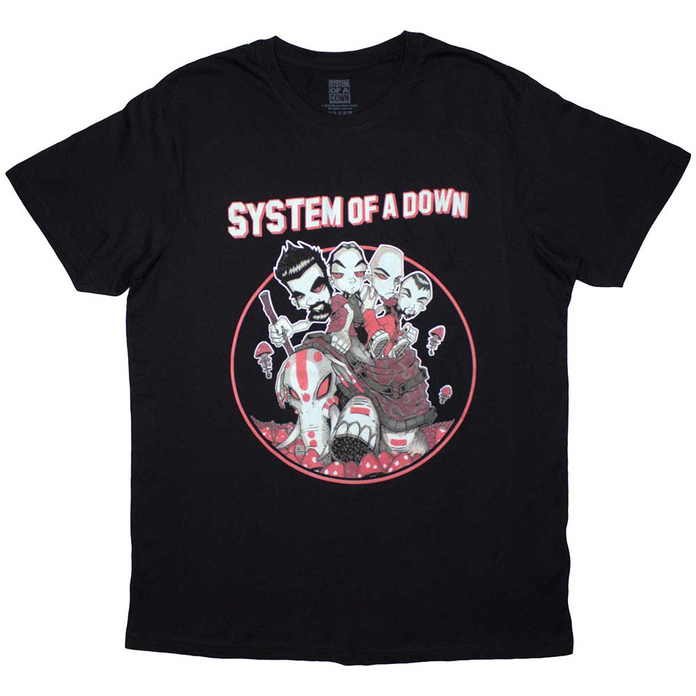 Black t-shirt with System Of A Down’s mushroom people graphic, size XX-Large.