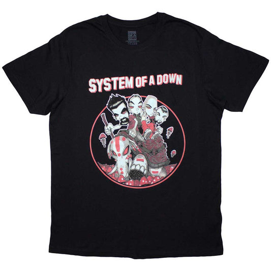 Black t-shirt with System Of A Down’s mushroom people graphic, size XX-Large.