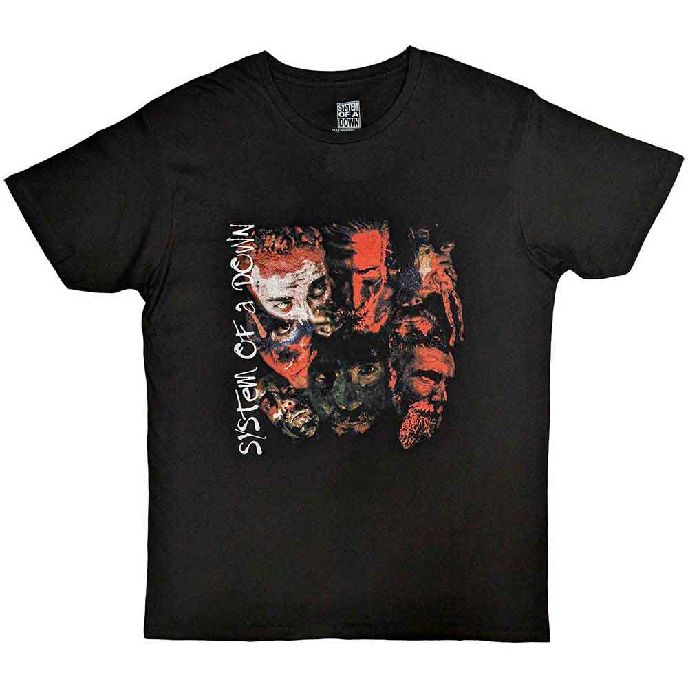 Black t-shirt featuring painted faces imagery from the band System Of A Down.