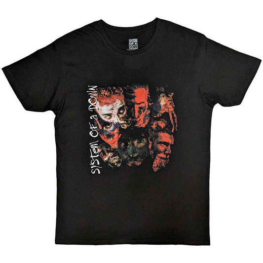 Black t-shirt featuring painted faces imagery from the band System Of A Down.