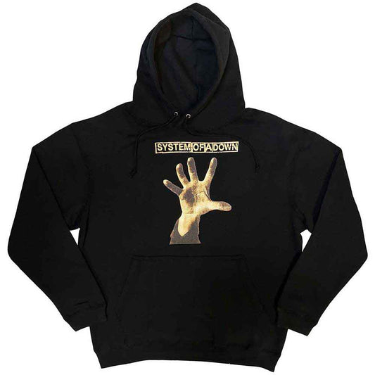 Dark-colored System Of A Down hoodie with a hand graphic, size X-Large.