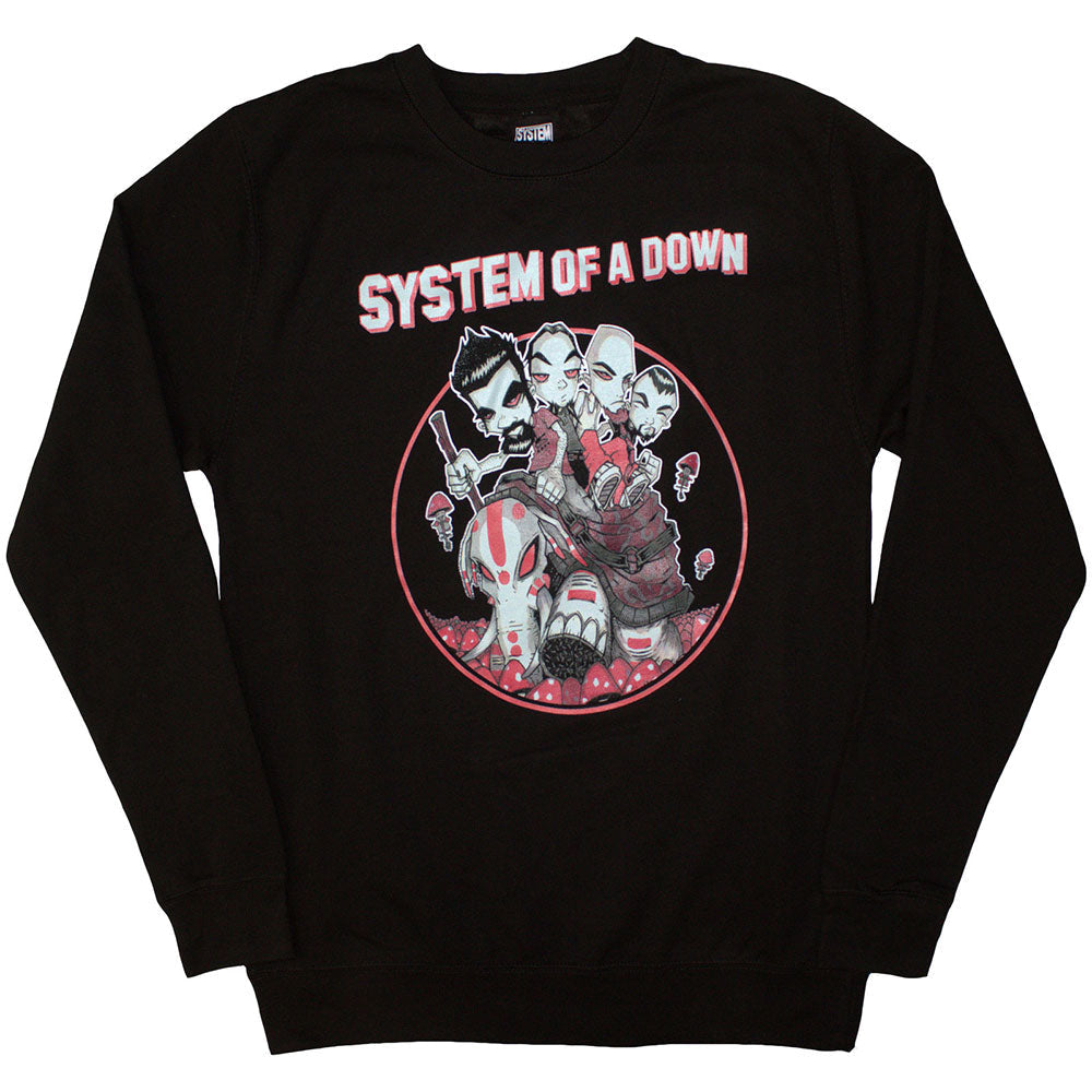 Gray sweatshirt with colorful, repeating mushroom-shaped figures; System Of A Down logo.