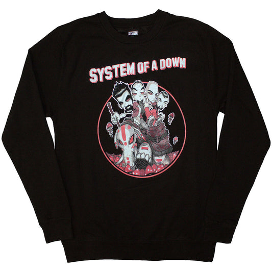 Gray sweatshirt with colorful, repeating mushroom-shaped figures; System Of A Down logo.