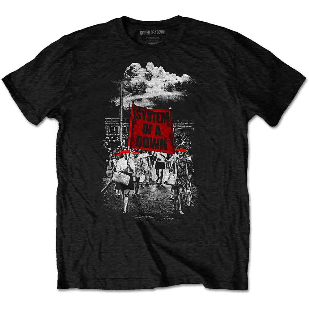 Black System Of A Down t-shirt with a protest graphic print.