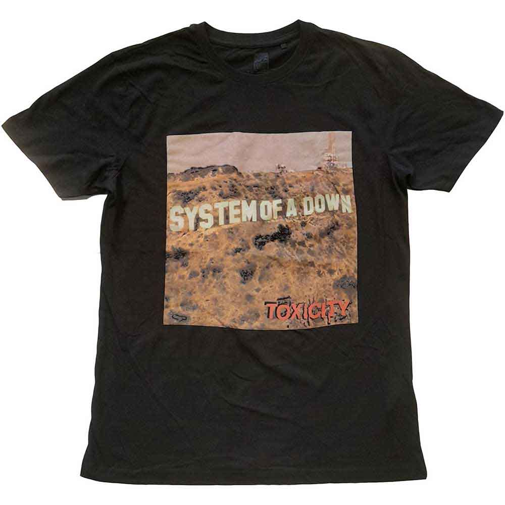 Black t-shirt with album art for System Of A Down’s “Toxicity”.