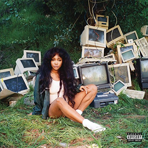 Sza sits amidst a pile of old televisions in a grassy field.