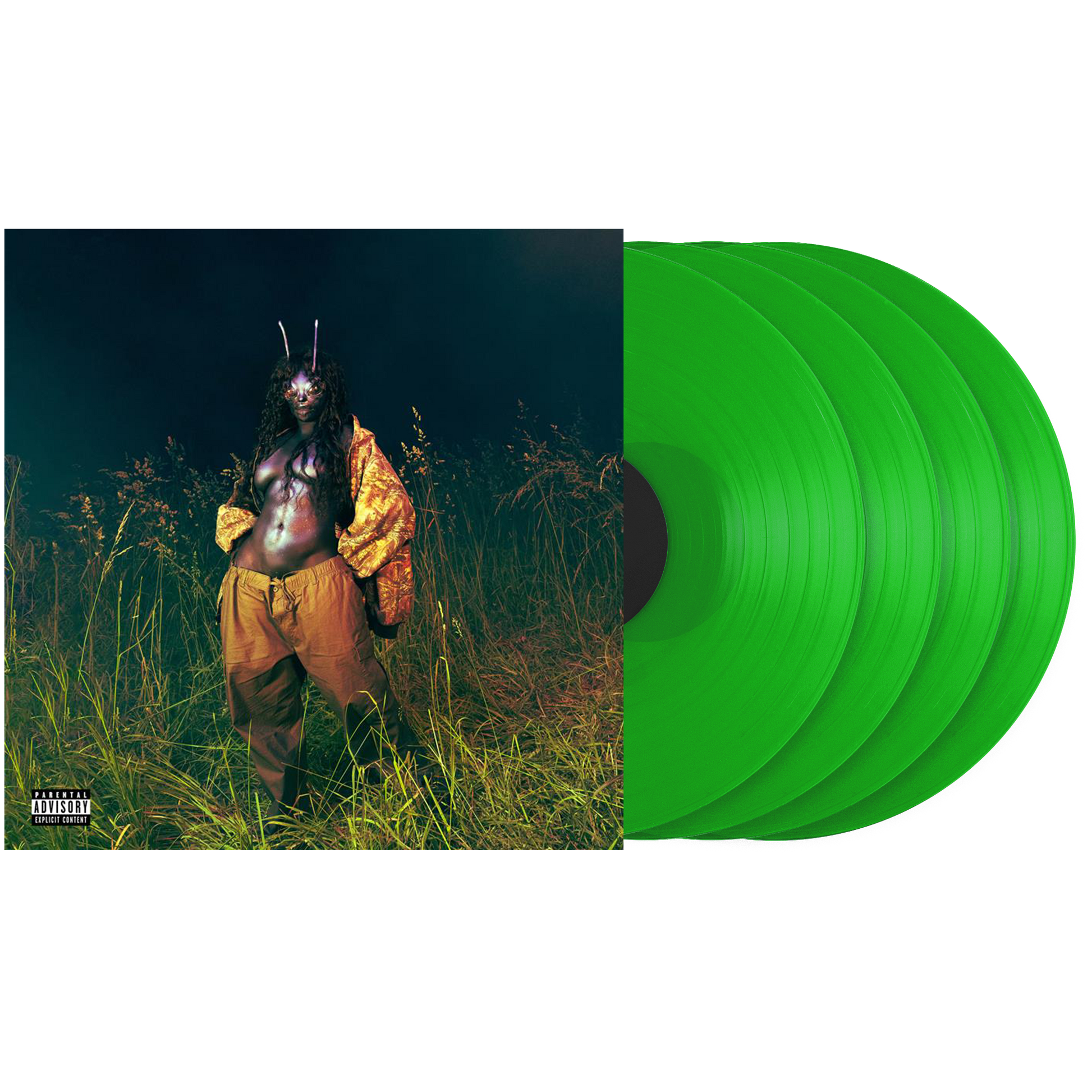 SZA’s “SOS Deluxe” vinyl: album cover and two green LPs.