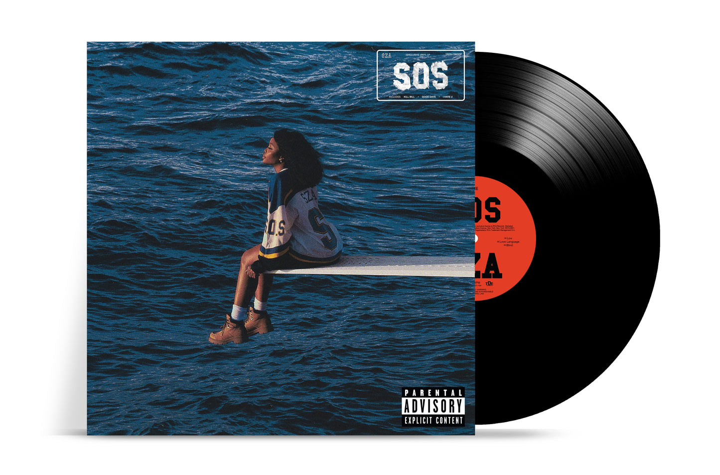 SZA's "SOS" vinyl record with album art of a person at sea.