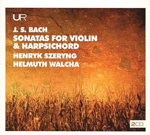 Album cover with orange grassy field and white text, featuring Bach's sonatas for violin and harpsichord.