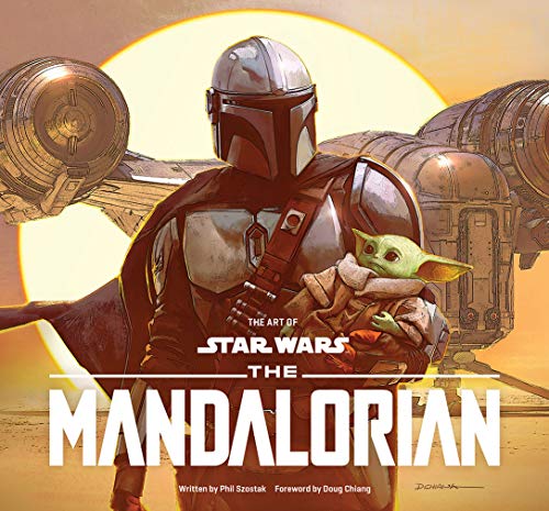 The Mandalorian holding Grogu with a spaceship in the background against a bright sun.