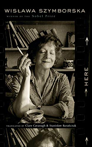 Book cover featuring a portrait of poet Wisława Szymborska with books.