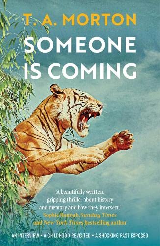 Book cover: "Someone is Coming" with a tiger emerging from foliage.
