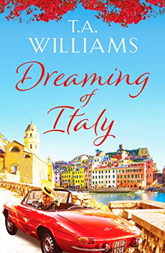 Book cover: Italian coastal town, red car, and cursive title text.