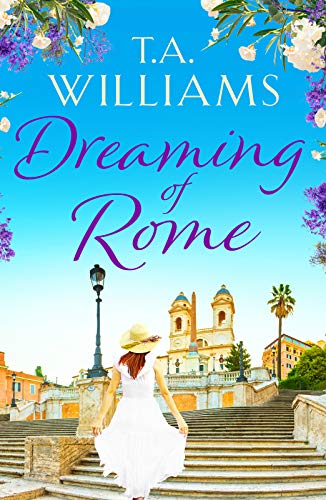 Book cover with a woman in white facing a Roman cityscape.