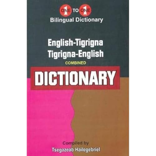 Bilingual English-Tigrigna dictionary cover with red, brown, and pink blocks.