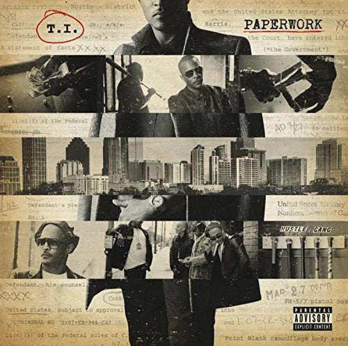 "T.I. album cover with sepia-toned collage of photos and court documents, 'Paperwork' title."